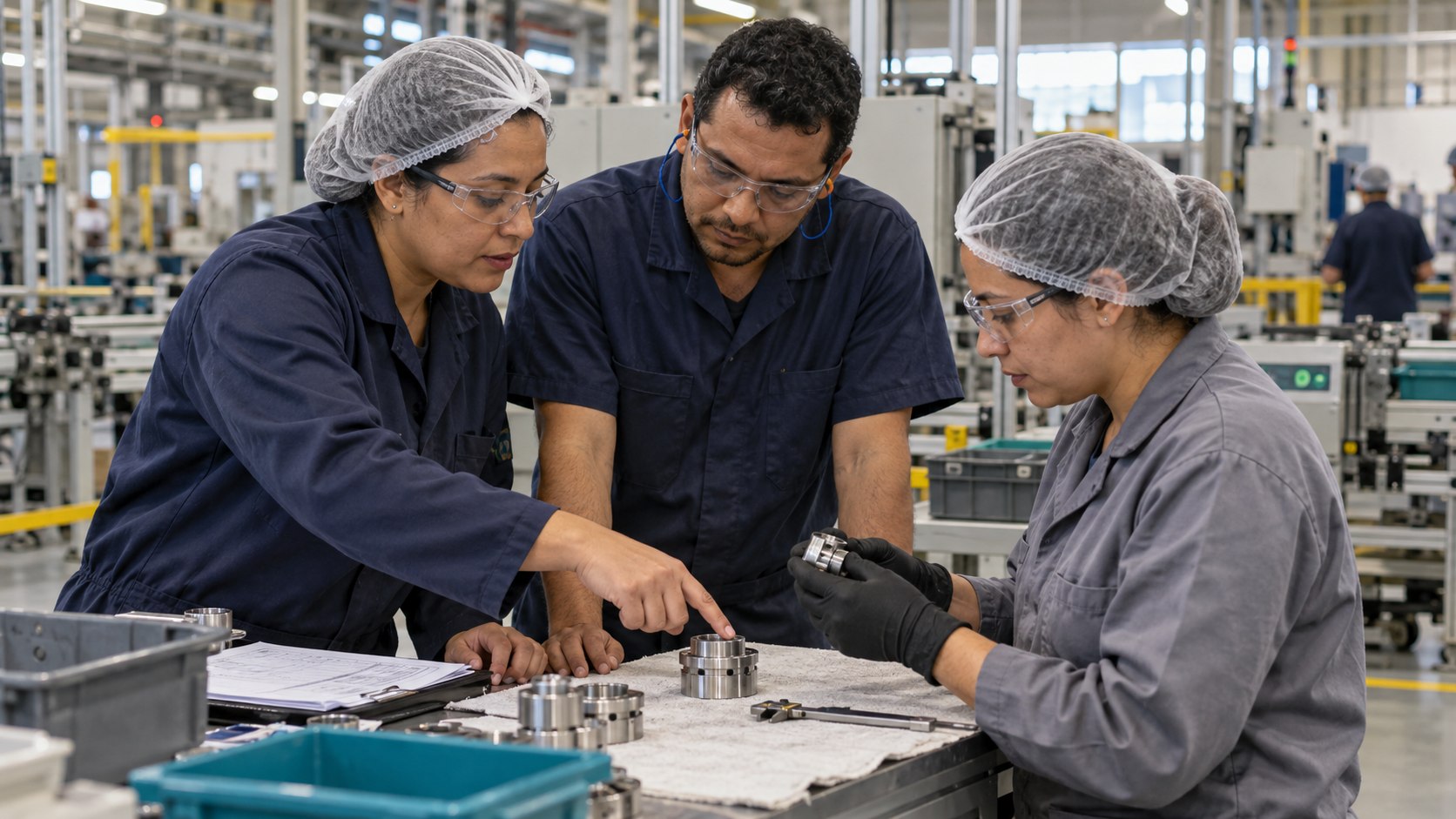 Equipe de qualidade e produção examinando uma peça na fábrica