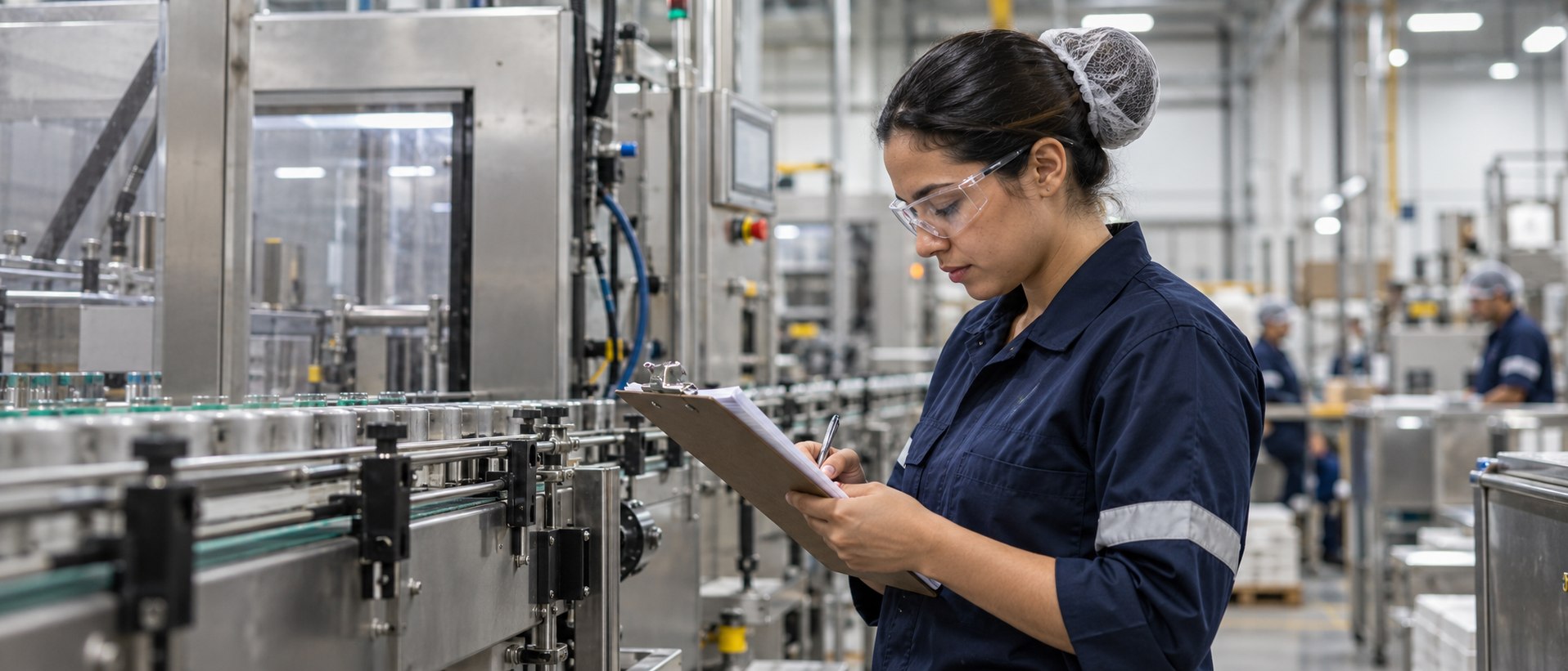 Profissional da qualidade conferindo uma lista de inspeção na linha de produção