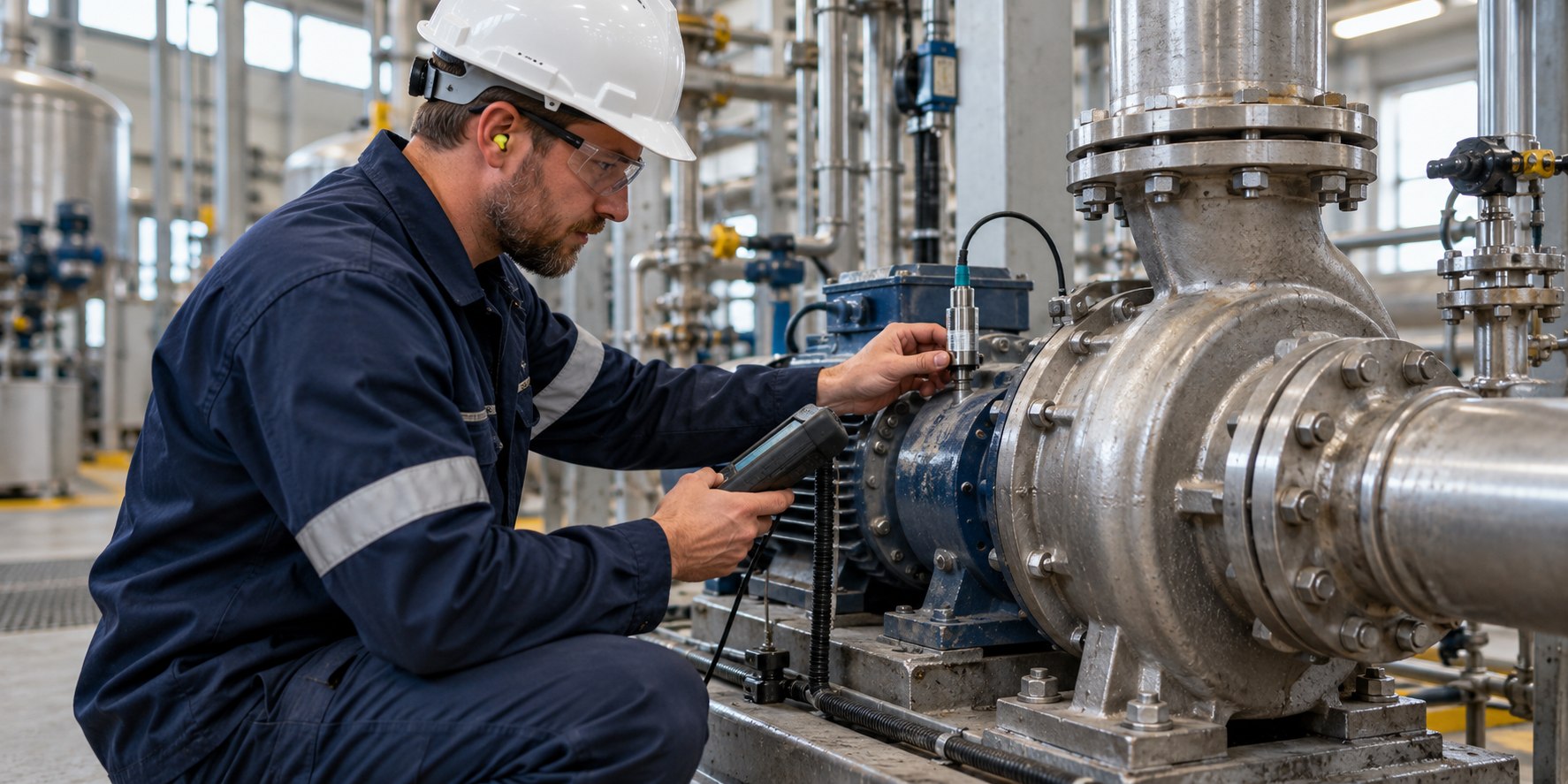 Técnico verificando um sensor em uma bomba industrial